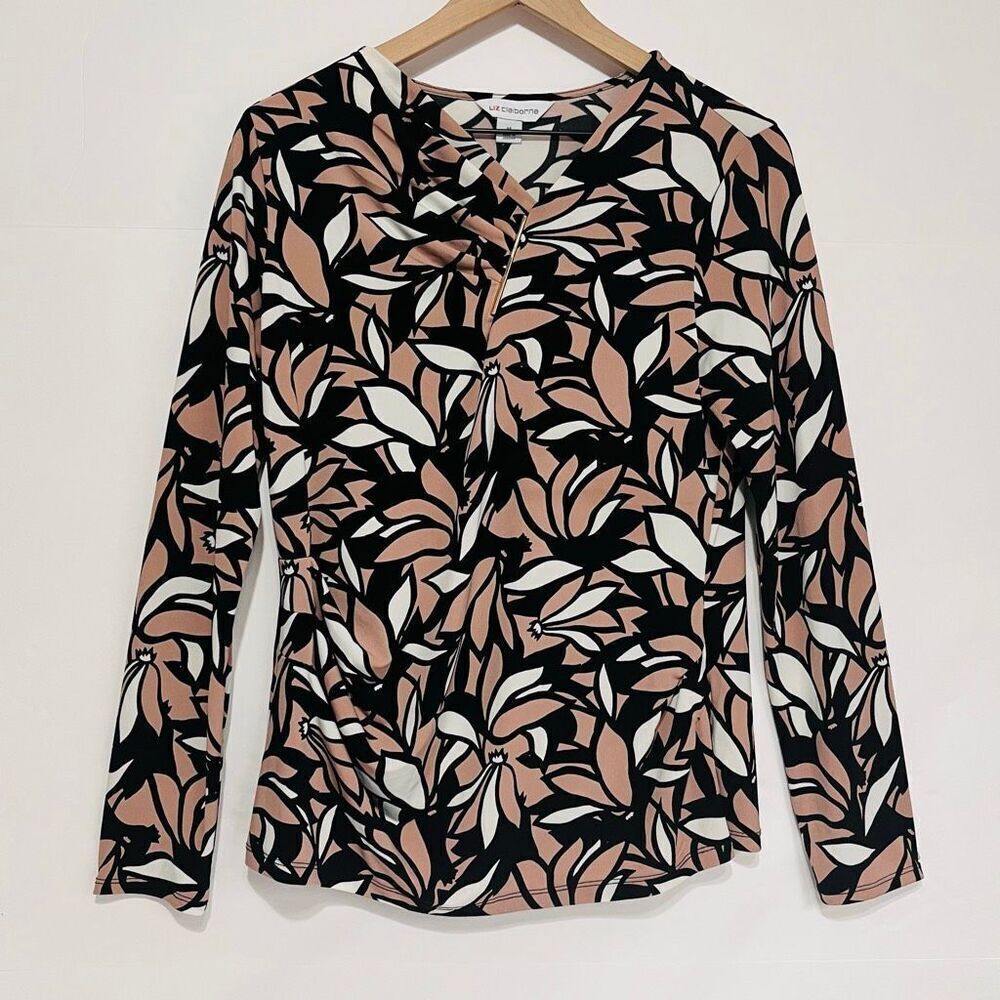 Liz Claiborne Long Sleeve Blouse  Black, White And Blush Floral Pattern   Size M